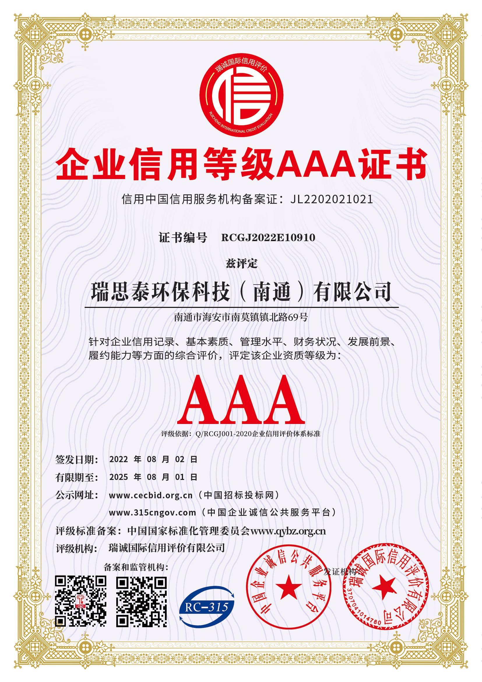 Enterprise Credit Rating Certificate